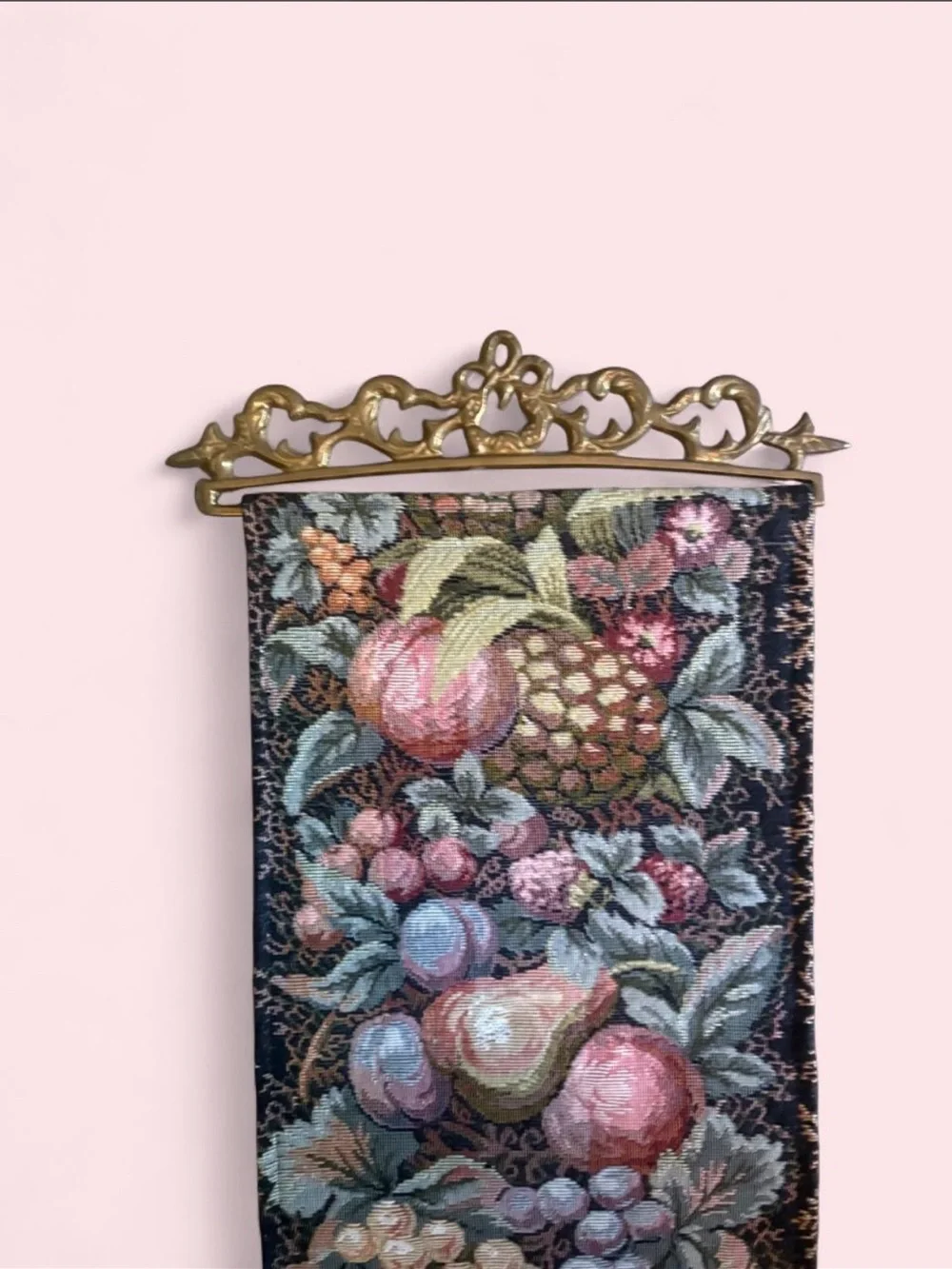 Vintage Fruit Tapestry Bell Pull Wall Hanging w/ Heavy Ornate Brass Ends